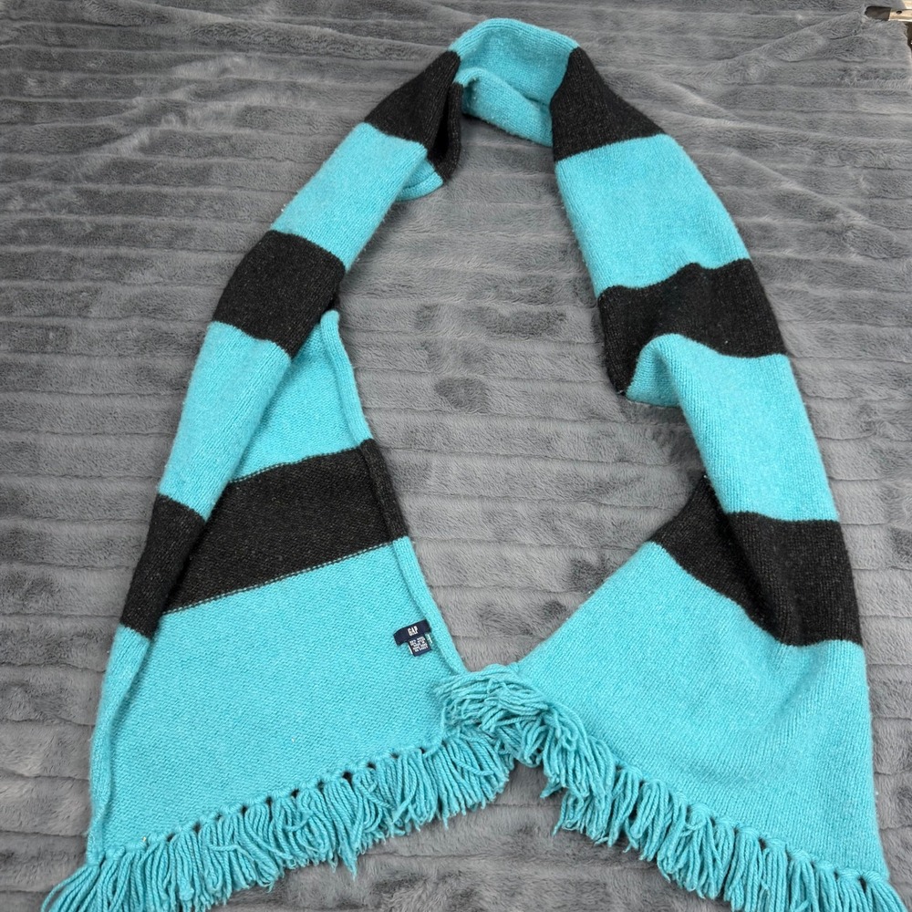Gap Wool Blend Striped Scarf Turquoise Blue Black Fringe Knit RN 54023